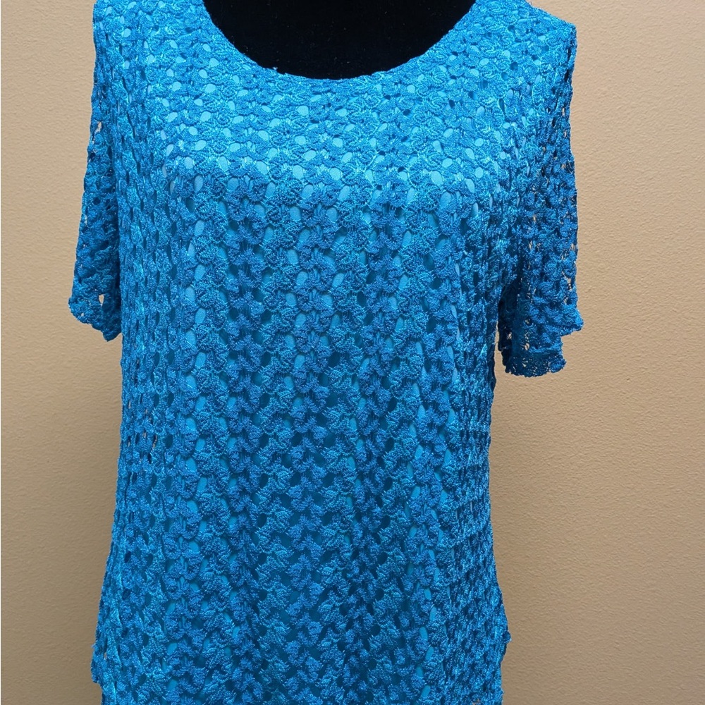 Allison Daley Bright Blue Crochet Short Sleeve Top